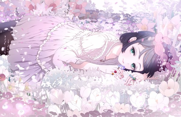 Anime picture 1200x778 with original felt (lidsan) single looking at viewer short hair blue eyes black hair lying on stomach girl dress hair ornament flower (flowers) plant (plants) earrings petals pantyhose ring