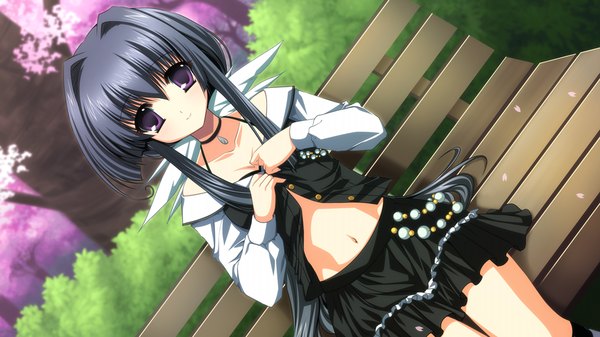 Anime picture 1024x576 with uni. special limited edition (game) long hair black hair wide image purple eyes game cg girl