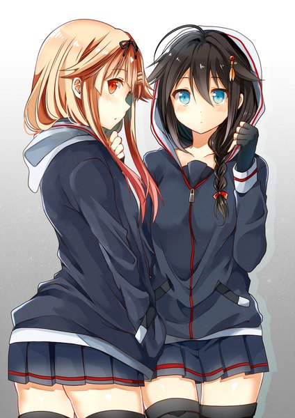 Anime picture 1000x1414 with kantai collection shigure destroyer yuudachi destroyer tarachine long hair tall image looking at viewer blush fringe open mouth blue eyes black hair blonde hair hair between eyes red eyes standing multiple girls payot looking away pink hair
