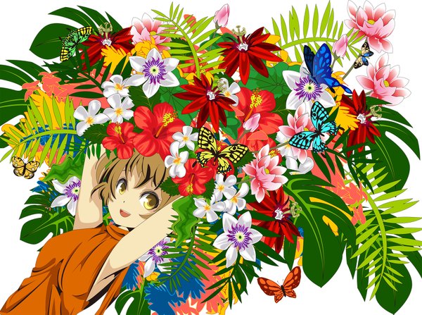 Anime picture 2000x1491 with original sakisato kiriko single highres short hair open mouth simple background smile brown hair white background yellow eyes armpit (armpits) arms behind head girl flower (flowers) plant (plants) leaf (leaves) insect butterfly