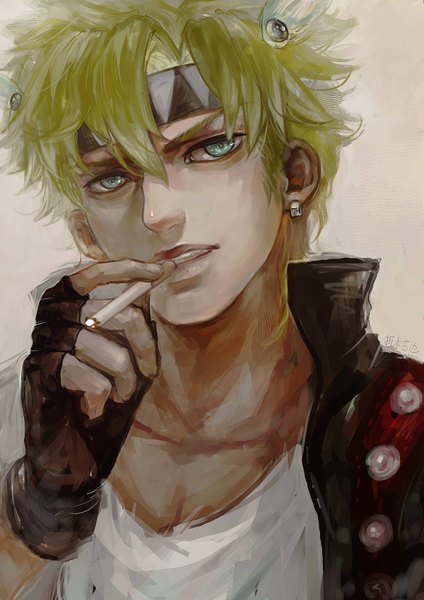 Anime picture 2480x3508 with jojo no kimyou na bouken caesar anthonio zeppeli oreki genya single tall image highres short hair simple background blonde hair signed looking away aqua eyes grey background smoking boy gloves earrings hairband fingerless gloves cigarette