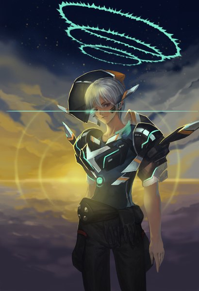 Anime picture 1000x1460 with suisei no gargantia production i.g chamber (suisei no gargantia) quaanqin single tall image looking at viewer short hair red eyes sky cloud (clouds) white hair sunlight lens flare morning sunrise boy armor star (stars) halo
