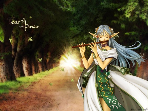 Anime picture 1600x1200 with ys eyes closed elf girl musical instrument flute