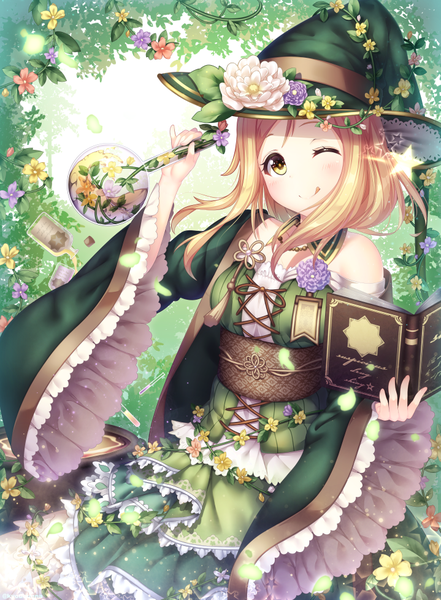 Anime picture 719x977 with love live! sunshine!! sunrise (studio) love live! ohara mari kyouou ena single long hair tall image looking at viewer blush blonde hair smile bare shoulders holding yellow eyes one eye closed wink wide sleeves sparkle witch