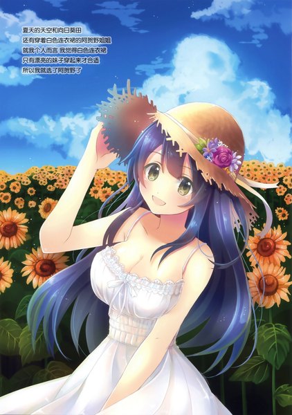 Anime picture 1408x2000 with original serino itsuki single long hair tall image blush open mouth brown eyes blue hair sky cloud (clouds) girl dress flower (flowers) hat sundress straw hat sunflower