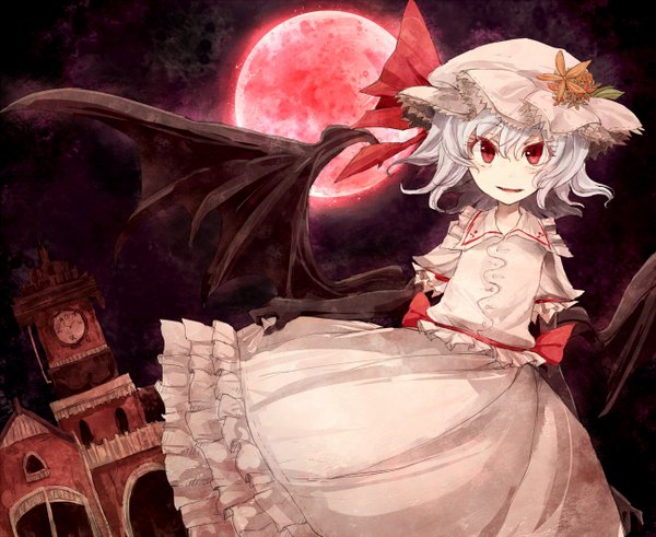 Anime picture 1300x1064 with touhou remilia scarlet short hair red eyes night frilled dress bat wings demon wings red moon girl dress skirt wings frills building (buildings) moon bonnet full moon skirt set clock