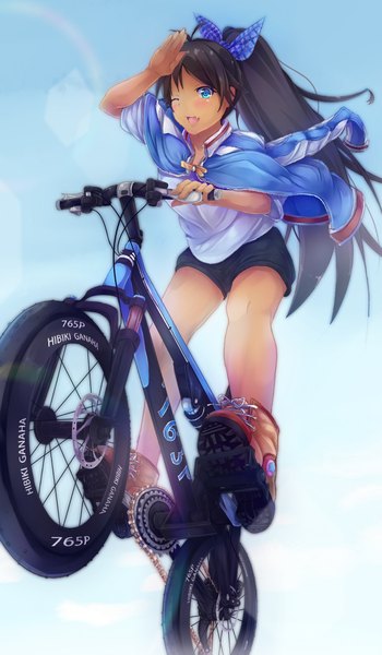 Anime picture 1264x2164 with idolmaster ganaha hibiki sawa nao single long hair tall image blush open mouth blue eyes black hair ponytail one eye closed wink girl bow hair bow shorts boots ground vehicle bicycle