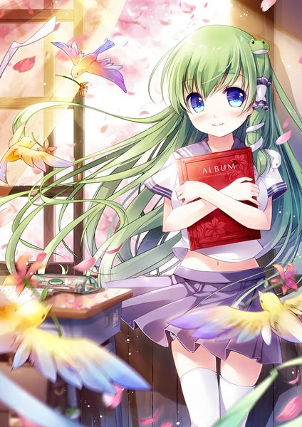 Anime picture 724x1024 with touhou kochiya sanae miyase mahiro single long hair tall image looking at viewer blush blue eyes green hair girl thighhighs skirt uniform flower (flowers) animal petals white thighhighs serafuku bird (birds)