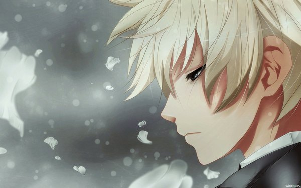 Anime picture 1920x1200 with kuroshitsuji a-1 pictures alois trancy single highres short hair simple background blonde hair wide image profile grey eyes looking down boy uniform school uniform petals