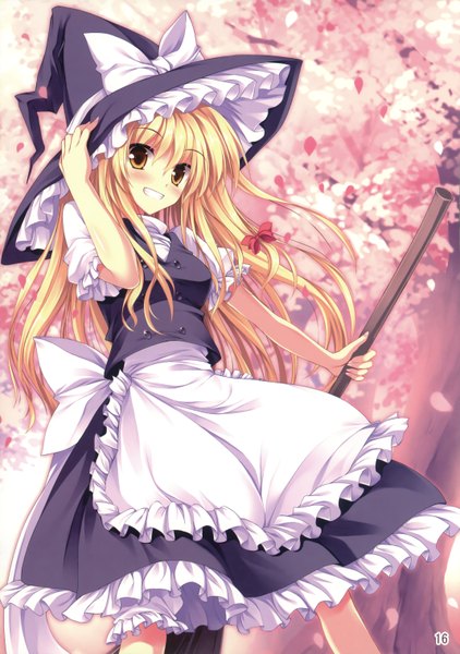 Anime picture 2135x3032 with touhou kirisame marisa tateha (marvelous grace) single long hair tall image highres blonde hair yellow eyes cherry blossoms girl dress skirt hat apron witch hat skirt set
