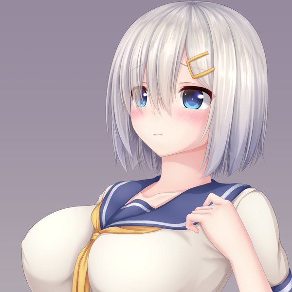 Anime picture 1000x1000 with kantai collection hamakaze destroyer tapisuke single blush fringe short hair breasts blue eyes light erotic simple background silver hair hair over one eye girl sailor suit