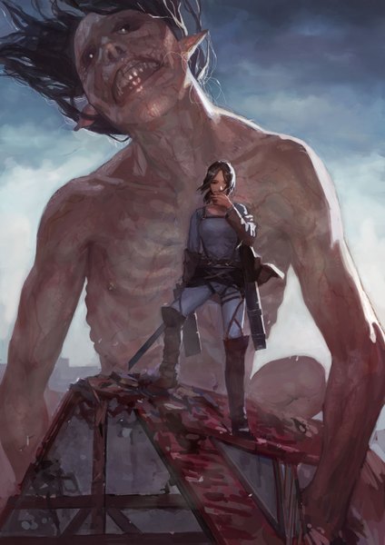 Anime picture 992x1403 with shingeki no kyojin production i.g ymir (shingeki no kyojin) titan (shingeki no kyojin) omjo tall image looking at viewer fringe short hair breasts brown hair standing holding sky freckles girl uniform weapon sword knee boots