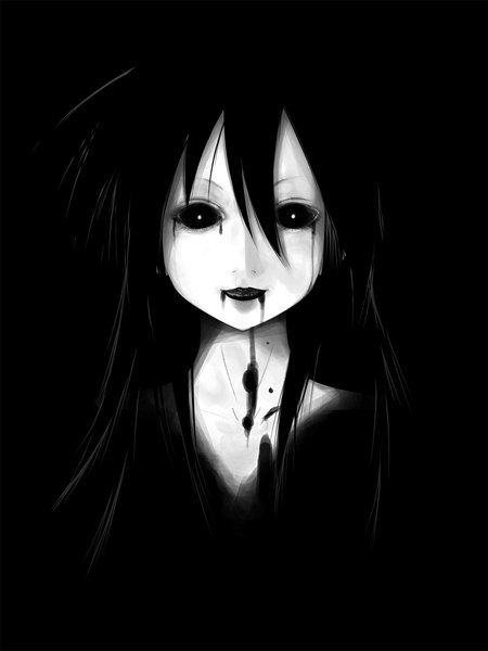 Anime picture 1200x1600 with lucky star kyoto animation izumi konata dclc single long hair tall image looking at viewer black hair simple background black eyes black background monochrome dark background pale skin vampire creepy girl blood