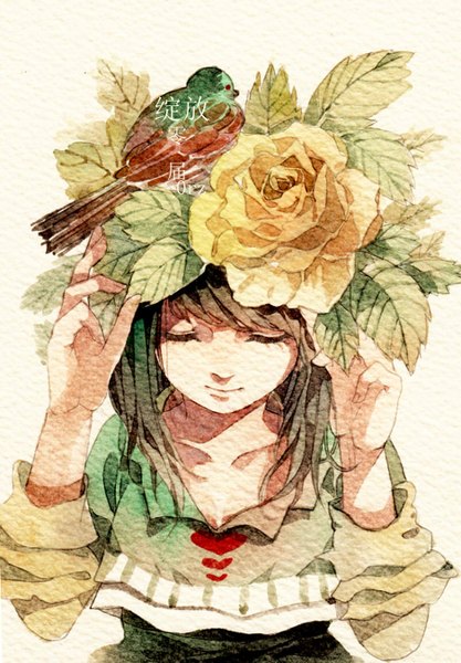 Anime picture 938x1348 with original rei (pixiv4656825) single tall image short hair simple background brown hair white background eyes closed light smile from above traditional media watercolor (medium) animal on head bird on head girl flower (flowers) animal bird (birds) rose (roses)