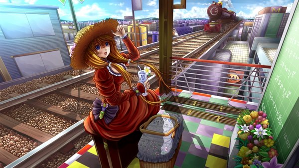 Anime picture 1920x1080 with original ilolamai single long hair looking at viewer highres open mouth blue eyes blonde hair wide image sitting looking back girl dress flower (flowers) hat train suitcase