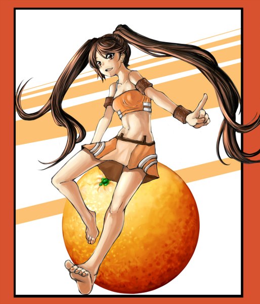 Anime picture 1200x1400 with arancia project original arancia eiji (artist) single long hair tall image brown hair twintails barefoot orange eyes sleeveless framed girl miniskirt orange (fruit)