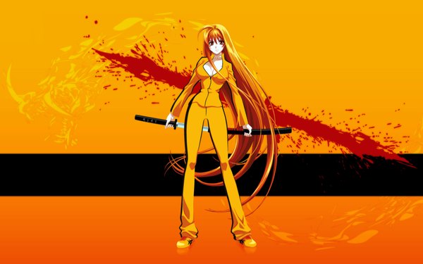 Anime picture 1280x800 with tenjou tenge kill bill natsume aya wide image cosplay parody orange background sword blood