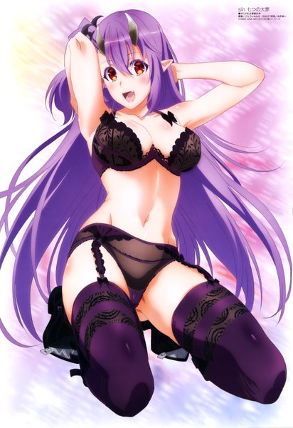 Anime picture 4081x5933 with the seven deadly sins megami magazine leviathan (the seven deadly sins) gotou junji single long hair tall image looking at viewer blush highres breasts open mouth light erotic red eyes absurdres purple hair horn (horns) pointy ears official art underwear only