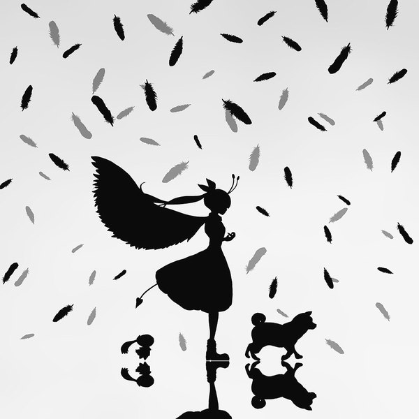 Anime picture 1000x1000 with vocaloid harada miyuki long hair fringe simple background standing ponytail tail profile monochrome reflection girl dress animal wings shoes feather (feathers) dog