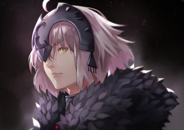 Anime picture 1500x1060 with fate (series) fate/grand order jeanne d'arc (fate) (all) jeanne d'arc alter (fate) yoshio (55level) single fringe short hair simple background hair between eyes yellow eyes looking away silver hair ahoge black background face girl fur