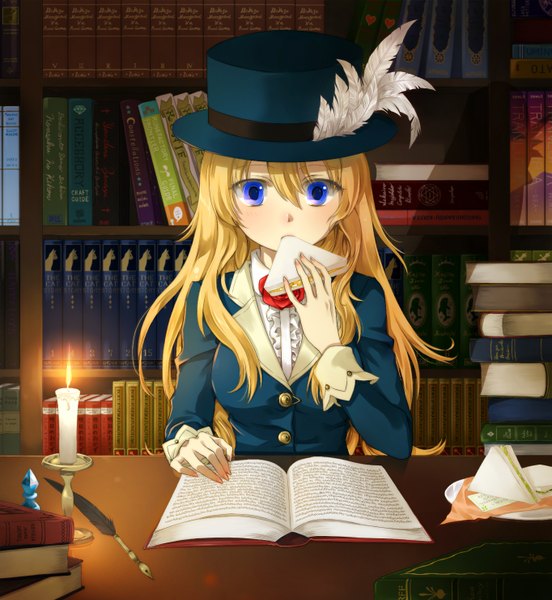 Anime picture 1364x1480 with rune factory selphy okitsune (okitsune-sama) long hair tall image blue eyes blonde hair girl hat food book (books) feather (feathers) shelf candle (candles) bookshelf top hat sandwich