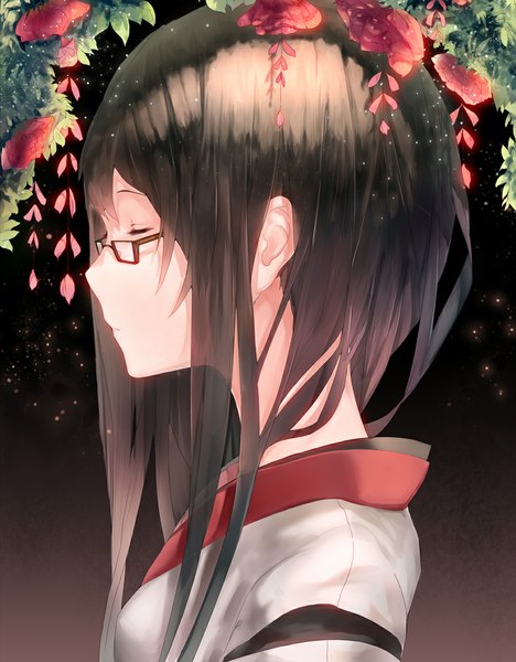 Anime picture 900x1152 with original hadean92 single long hair tall image simple background brown hair eyes closed traditional clothes profile girl flower (flowers) plant (plants) glasses