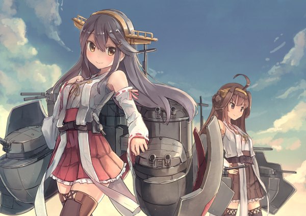 Anime picture 1275x900 with kantai collection kongou battleship haruna battleship nanashina (artist) long hair looking at viewer blush fringe black hair smile hair between eyes brown hair standing bare shoulders multiple girls brown eyes looking away sky cloud (clouds) ahoge