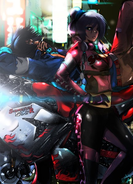 Anime picture 1641x2279 with original ibroid (artist) tall image short hair breasts black hair yellow eyes purple hair black eyes girl boy gloves belt suit motorcycle