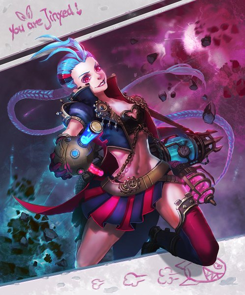 Anime picture 1000x1202 with league of legends jinx (league of legends) athena (moonhymn) single tall image smile red eyes blue hair very long hair bare belly girl skirt gloves weapon miniskirt belt grenade