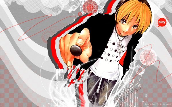 Anime picture 1280x800 with hikaru no go studio pierrot shindou hikaru single short hair blonde hair wide image multicolored hair black eyes two-tone hair outstretched arm go boy