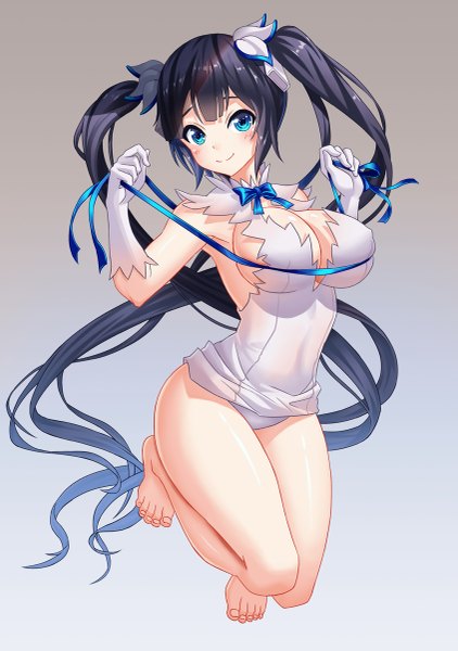 Anime picture 845x1200 with dungeon ni deai wo motomeru no wa machigatteiru darou ka j.c. staff hestia (danmachi) tako seijin (takos000) single tall image blush breasts blue eyes light erotic black hair smile large breasts twintails full body bent knee (knees) very long hair pantyshot gradient background jumping