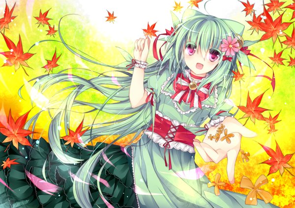 Anime picture 1200x849 with pokemon moemon nintendo sceptile homaderi single long hair fringe open mouth hair between eyes pink eyes hair flower green hair outstretched arm personification gen 3 pokemon girl dress hair ornament leaf (leaves)