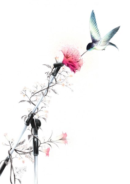 Anime picture 820x1159 with original sousou (sousouworks) tall image simple background white background flying no people flower (flowers) animal bird (birds) microphone microphone stand