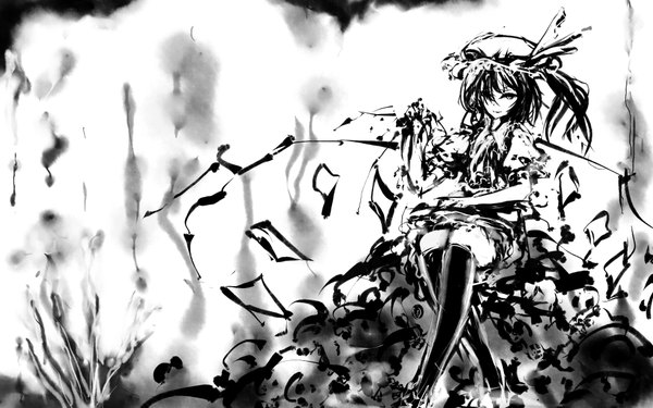 Anime picture 1920x1200 with touhou flandre scarlet hinomaru (artist) single highres short hair wide image sitting monochrome girl wings bonnet knee socks