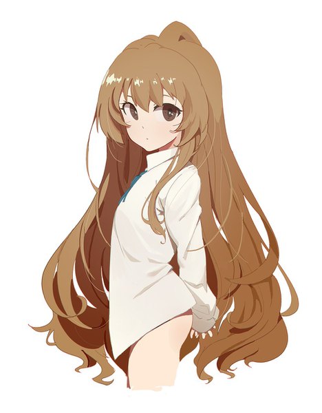 Anime picture 1000x1280 with toradora j.c. staff aisaka taiga wotor-komo single long hair tall image looking at viewer light erotic simple background brown hair white background brown eyes ass long sleeves flat chest hands behind back bottomless naked shirt girl