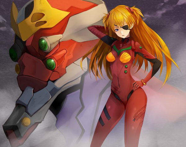 Anime picture 2000x1585 with neon genesis evangelion rebuild of evangelion gainax soryu asuka langley shikinami asuka langley eva 02 settyaro single long hair looking at viewer highres blue eyes blonde hair hand on hip girl hair ornament bracelet bodysuit eyepatch