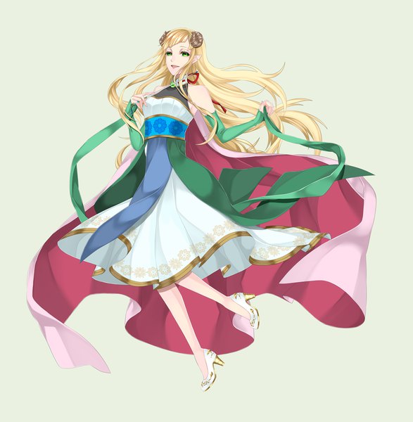 Anime picture 1075x1100 with the compass of 99 roads aoi wakashi saku single long hair tall image simple background blonde hair bare shoulders holding green eyes looking away full body horn (horns) pointy ears high heels leg lift (legs lift) girl dress detached sleeves cape
