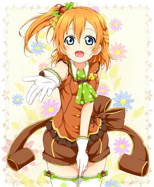 Anime picture 824x1000 with love live! school idol project sunrise (studio) love live! kousaka honoka karamoneeze single tall image looking at viewer blush short hair open mouth blue eyes blonde hair one side up girl thighhighs dress gloves flower (flowers) white thighhighs