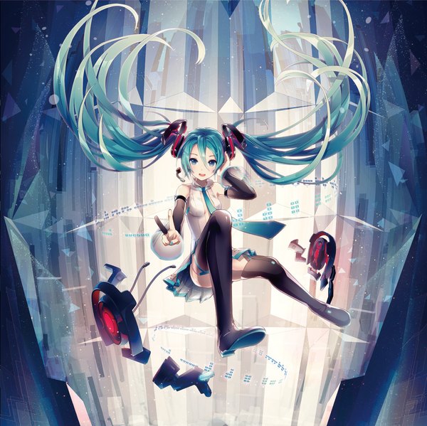 Anime picture 1204x1203 with vocaloid vocaloid append hatsune miku ixima single looking at viewer open mouth smile twintails very long hair nail polish aqua eyes aqua hair victory flying pointing girl thighhighs skirt detached sleeves