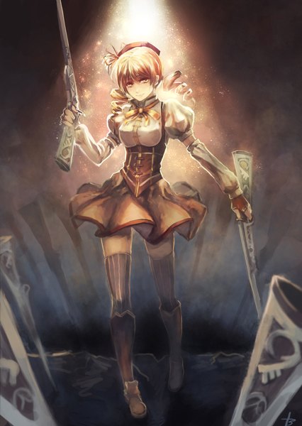 Anime picture 1240x1748 with mahou shoujo madoka magica shaft (studio) tomoe mami bryanth single tall image highres short hair blonde hair smile yellow eyes drill hair light thighhighs gloves weapon hat shoes fingerless gloves gun