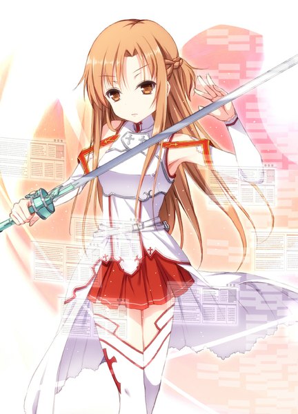 Anime picture 692x961 with sword art online a-1 pictures yuuki asuna uehara yukihiko single long hair tall image brown hair brown eyes pleated skirt girl thighhighs dress skirt weapon detached sleeves white thighhighs sword white dress