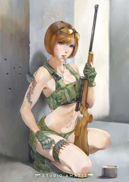 Anime picture 912x1290 with original amatiz single tall image looking at viewer short hair light erotic brown hair holding brown eyes inscription bare belly tattoo mouth hold squat girl gloves navel uniform weapon