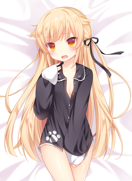 Anime picture 900x1233 with original nachi single long hair tall image blush breasts open mouth light erotic blonde hair yellow eyes lying fang (fangs) embarrassed flat chest girl ribbon (ribbons) hair ribbon shirt