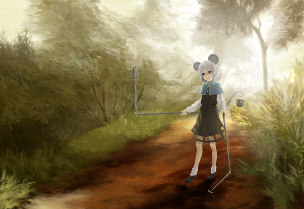 Anime picture 1600x1104 with touhou nazrin akaikitsune single short hair red eyes animal ears silver hair mouse ears girl dress weapon plant (plants) animal tree (trees) road bushes mouse