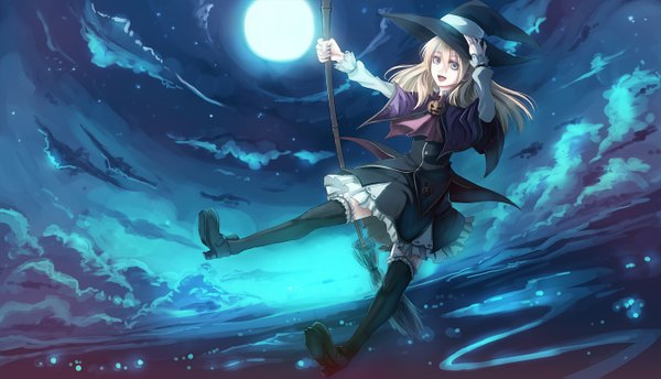 Anime picture 1350x775 with original paseri blue eyes blonde hair wide image cloud (clouds) night landscape scenic witch girl thighhighs black thighhighs moon witch hat full moon vegetables broom pumpkin