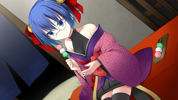 Anime picture 1280x720 with sengoku hime 5 single short hair blue eyes wide image sitting bare shoulders blue hair game cg traditional clothes girl thighhighs bow black thighhighs hair bow glasses food bell jingle bell wagashi