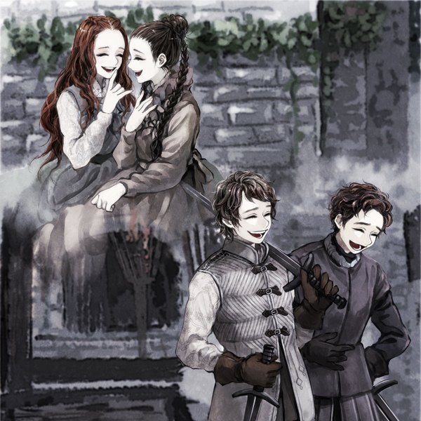 Anime picture 2000x2000 with a song of ice and fire sansa stark theon greyjoy robb stark jeyne poole siuuu long hair highres short hair open mouth black hair brown hair multiple girls braid (braids) eyes closed profile multiple boys laughing girl boy