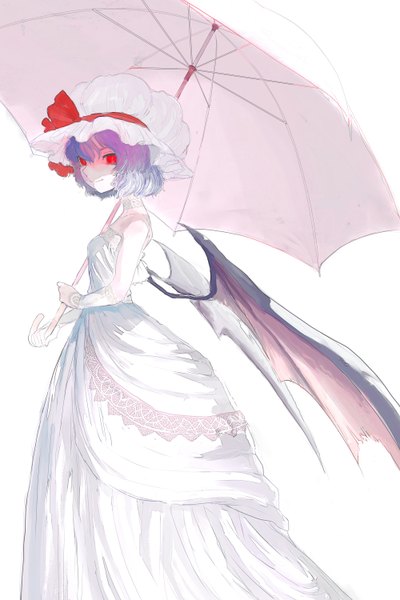 Anime picture 2000x3000 with touhou remilia scarlet motsuni (artist) single tall image highres short hair simple background smile red eyes white background purple hair girl dress wings umbrella bonnet
