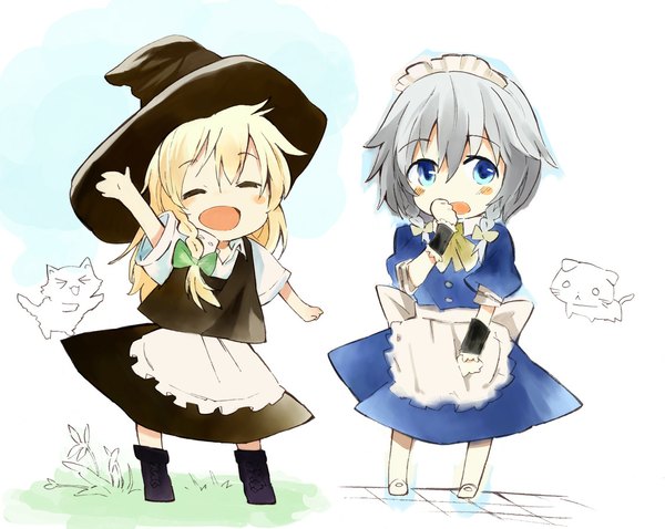 Anime picture 1129x900 with touhou kirisame marisa izayoi sakuya ogawa maiko long hair blush short hair open mouth blonde hair simple background white background multiple girls braid (braids) eyes closed grey hair maid twin braids outstretched arm side braid chibi