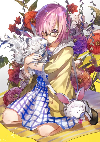 Anime picture 1724x2433 with fate (series) fate/grand order mash kyrielight fou (fate) tsugutoku single tall image blush fringe highres short hair sitting pink hair full body pink eyes hair over one eye wariza girl dress flower (flowers)